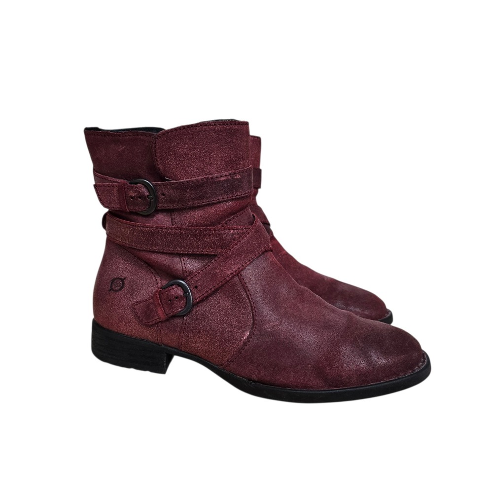 Born Burgundy Distressed Leather Ankle Boots Buckle Straps Side Zip Womens 9M‎